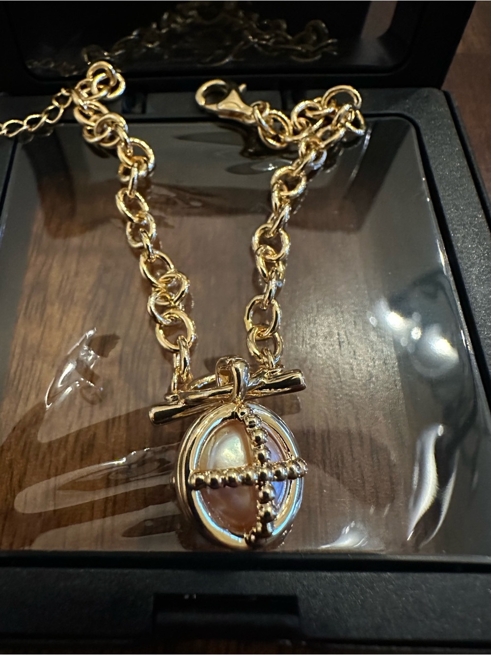 Gold-Tone Oval Pendant Bracelet with Mother-of-Pearl Accent